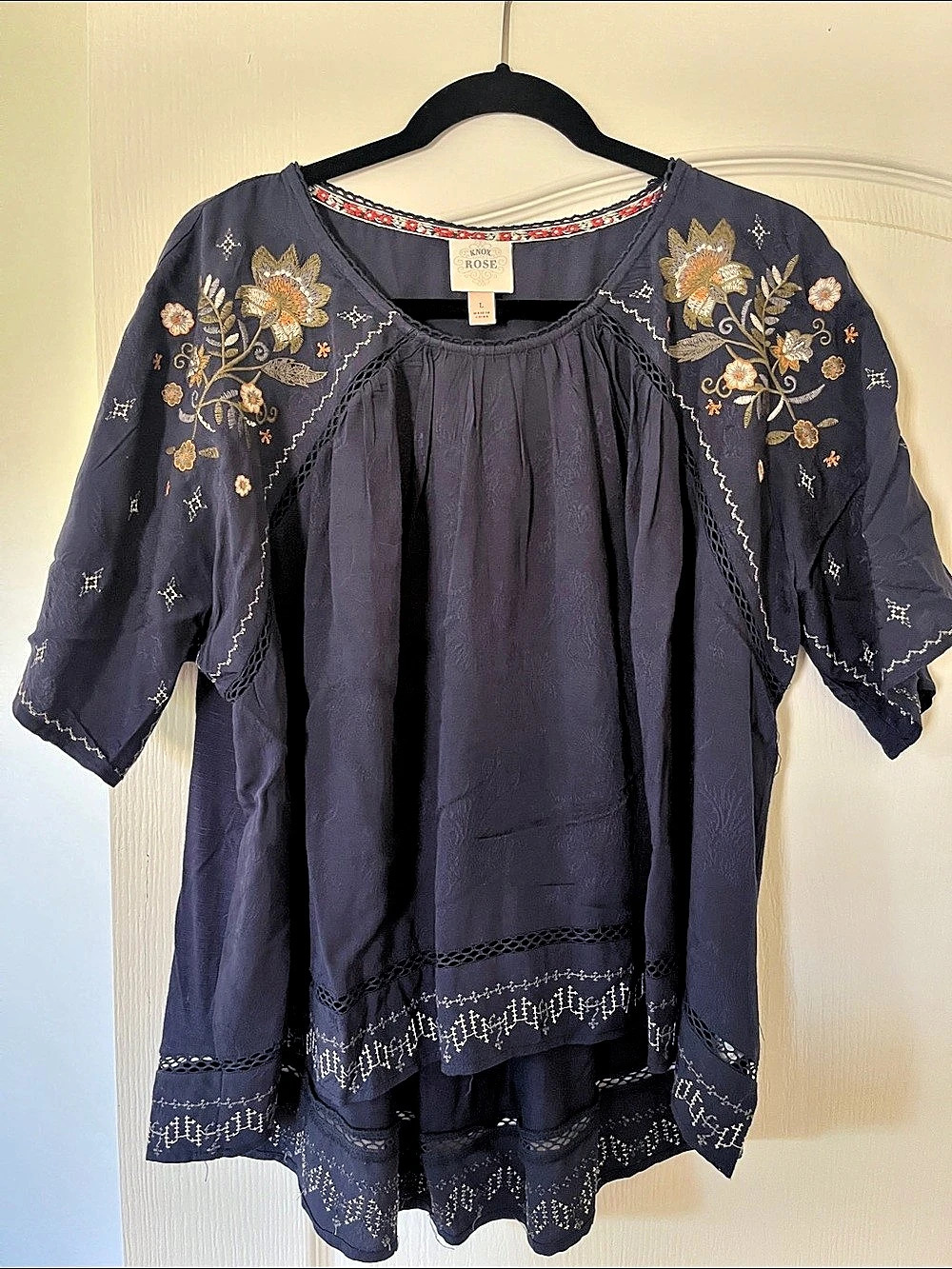 Knox Rose Embroidered Floral Tunic in Blue Size Large
